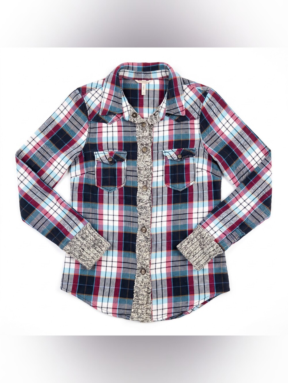 BKE Women's Plaid Button Down Shirt - Red, Blue, White